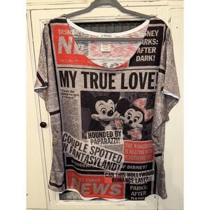 Disney Parks‎ Women Shirt XXL Gray Graphic Newsprint Mickey Minnie
